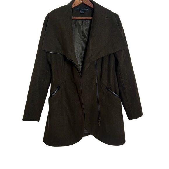 French Connection Wing Collar Asymetrical Zip Wool Blend Coat Green Small - Picture 2 of 8